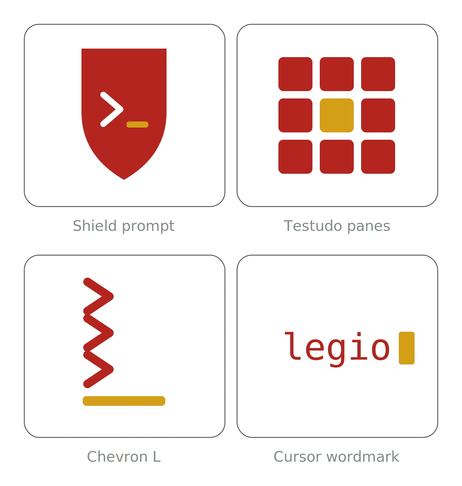 Primeiras ideias: Shield prompt, Testudo panes, Chevron L e Cursor wordmark