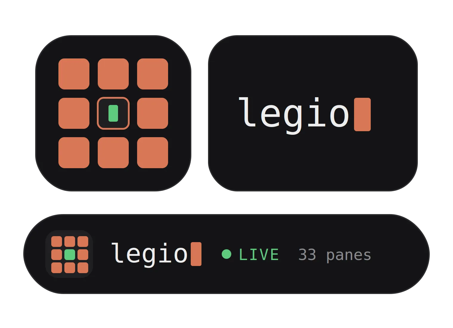 Grade de painéis com o cursor no centro, wordmark “legio” e a versão em barra com status LIVE