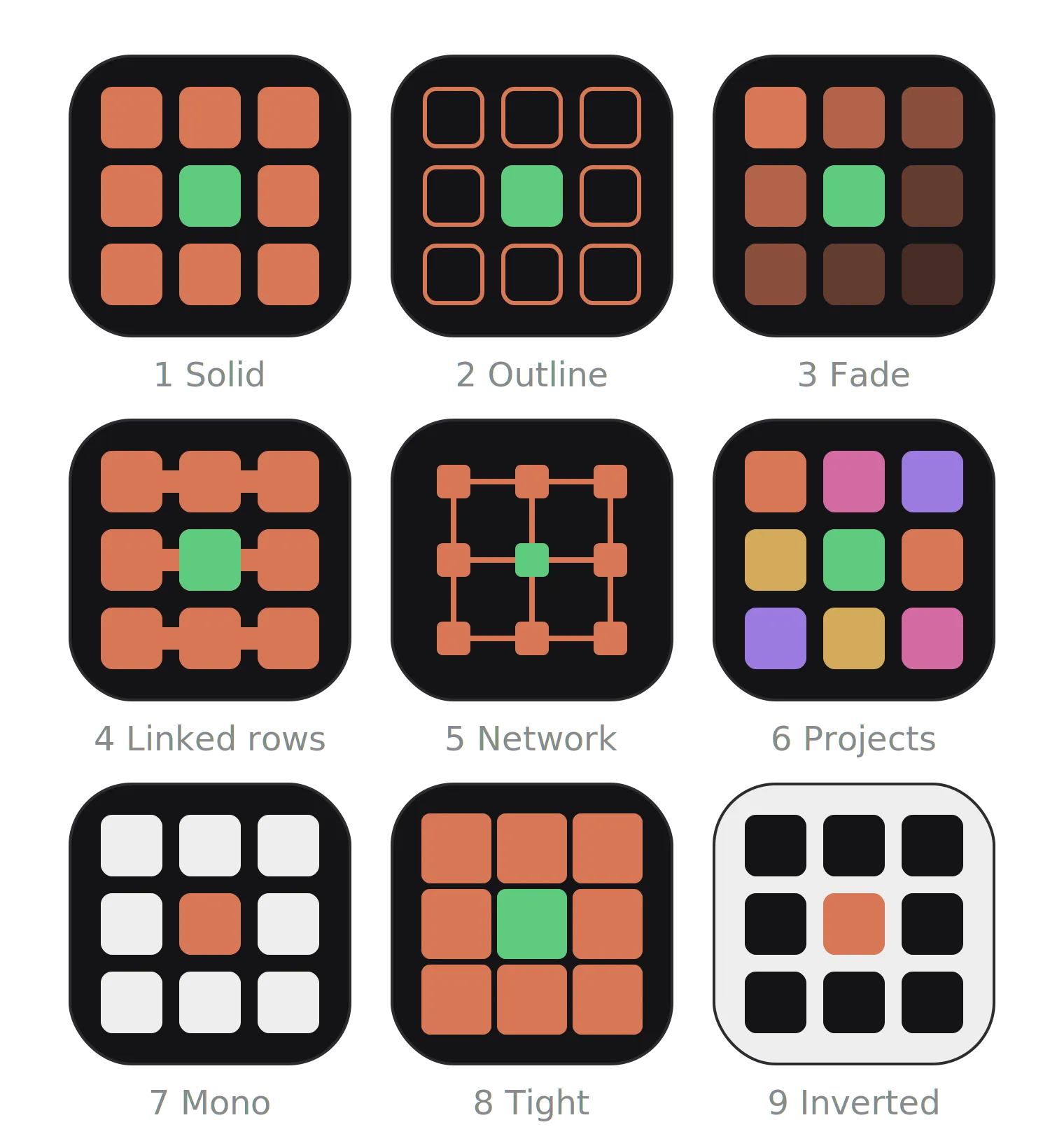 Nove variações da grade: Solid, Outline, Fade, Linked rows, Network, Projects, Mono, Tight e Inverted