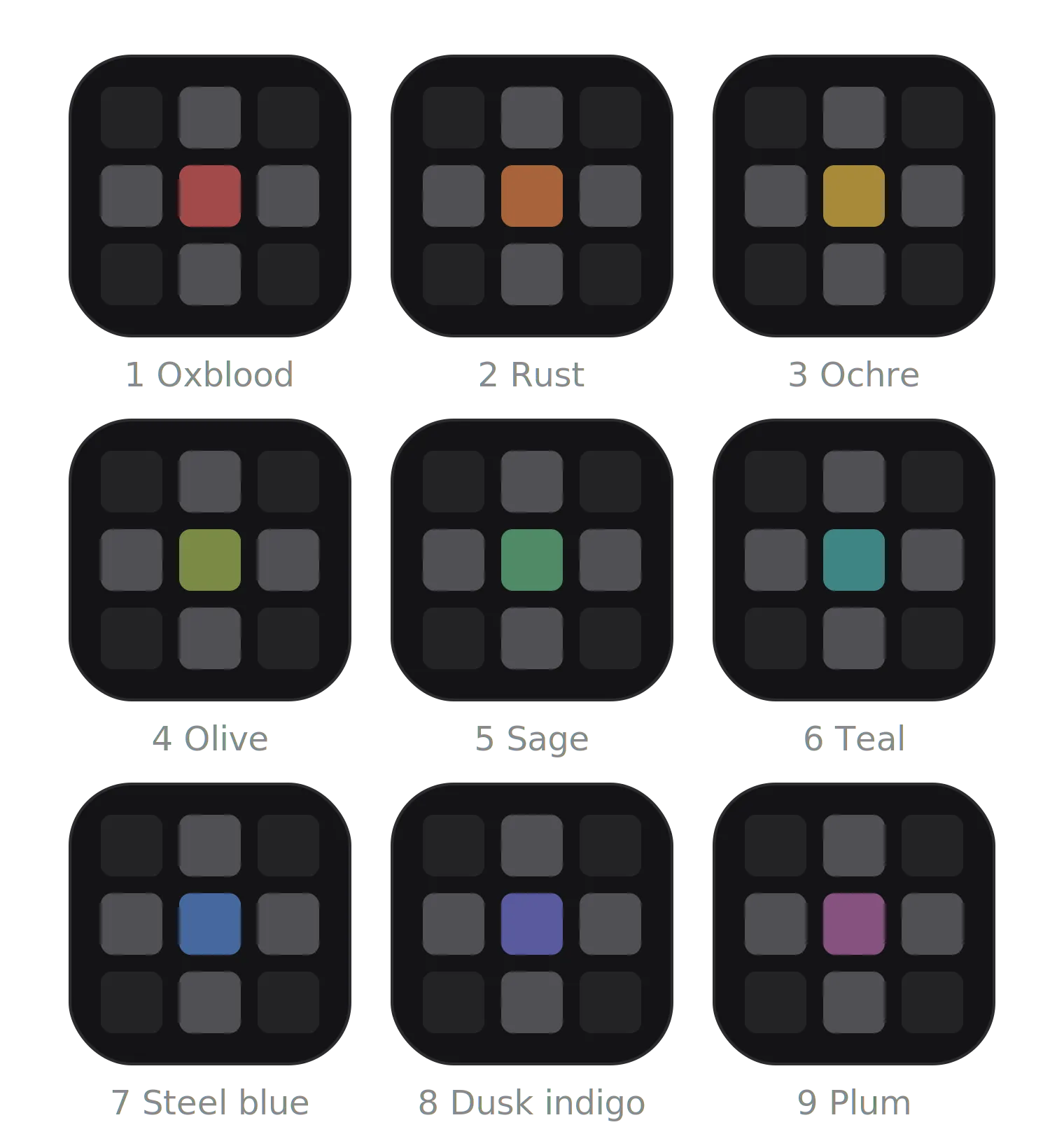 Nove cores suaves para o painel central: Oxblood, Rust, Ochre, Olive, Sage, Teal, Steel blue, Dusk indigo e Plum