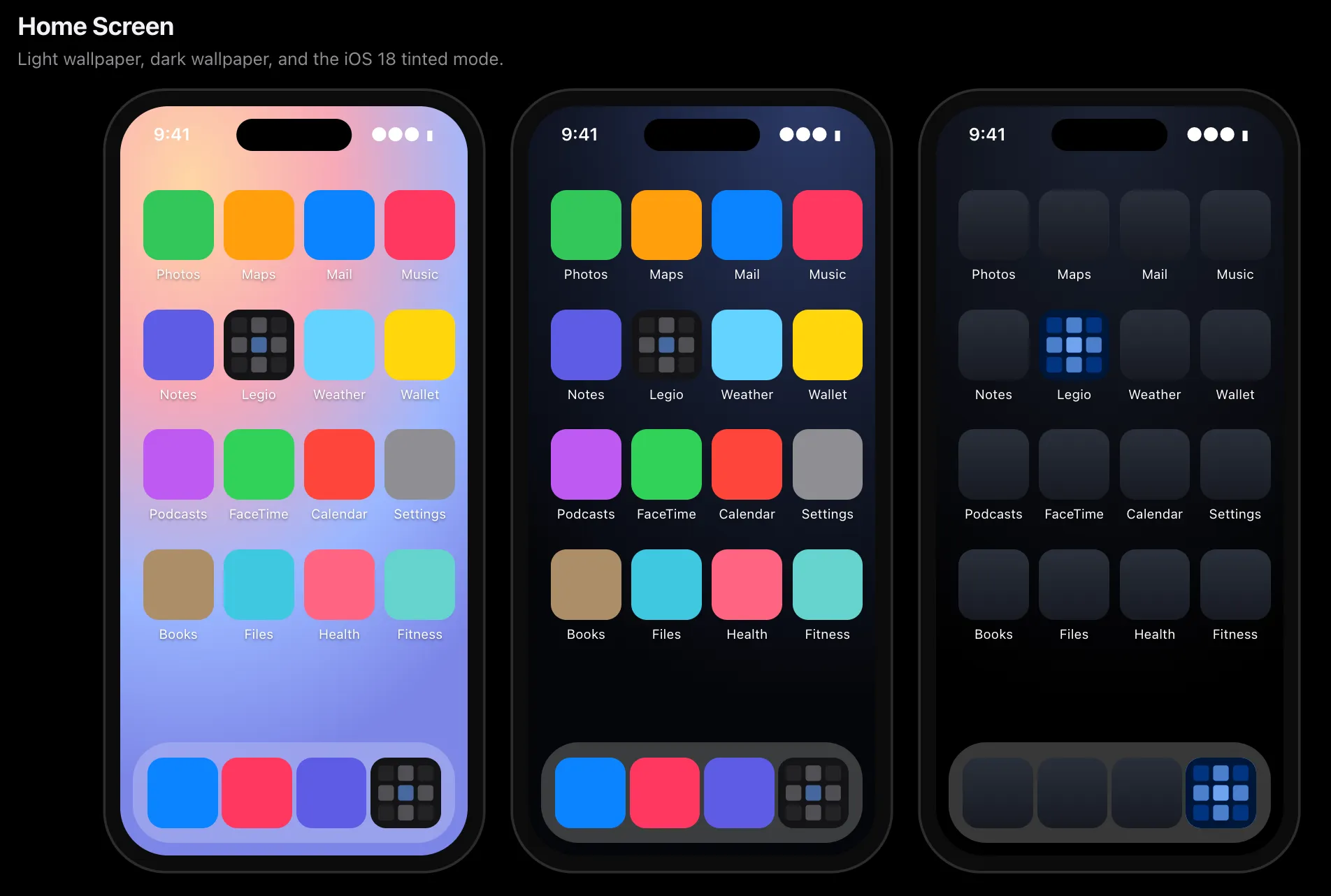 Tela inicial do iPhone com o ícone do Legio entre outros apps, em modo claro, escuro e tinted do iOS 18