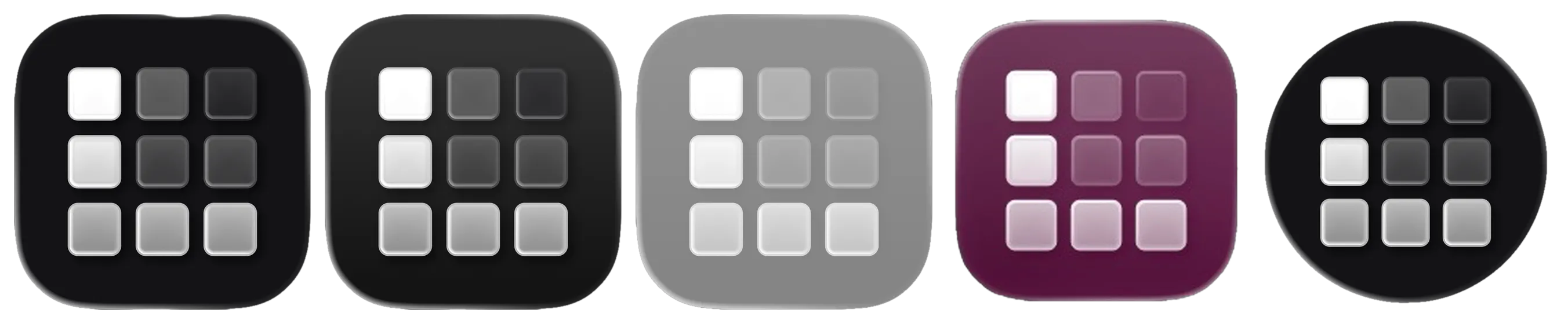 Variantes geradas pelo Icon Composer: escuro, escuro alternativo, claro, tinted em roxo e watchOS